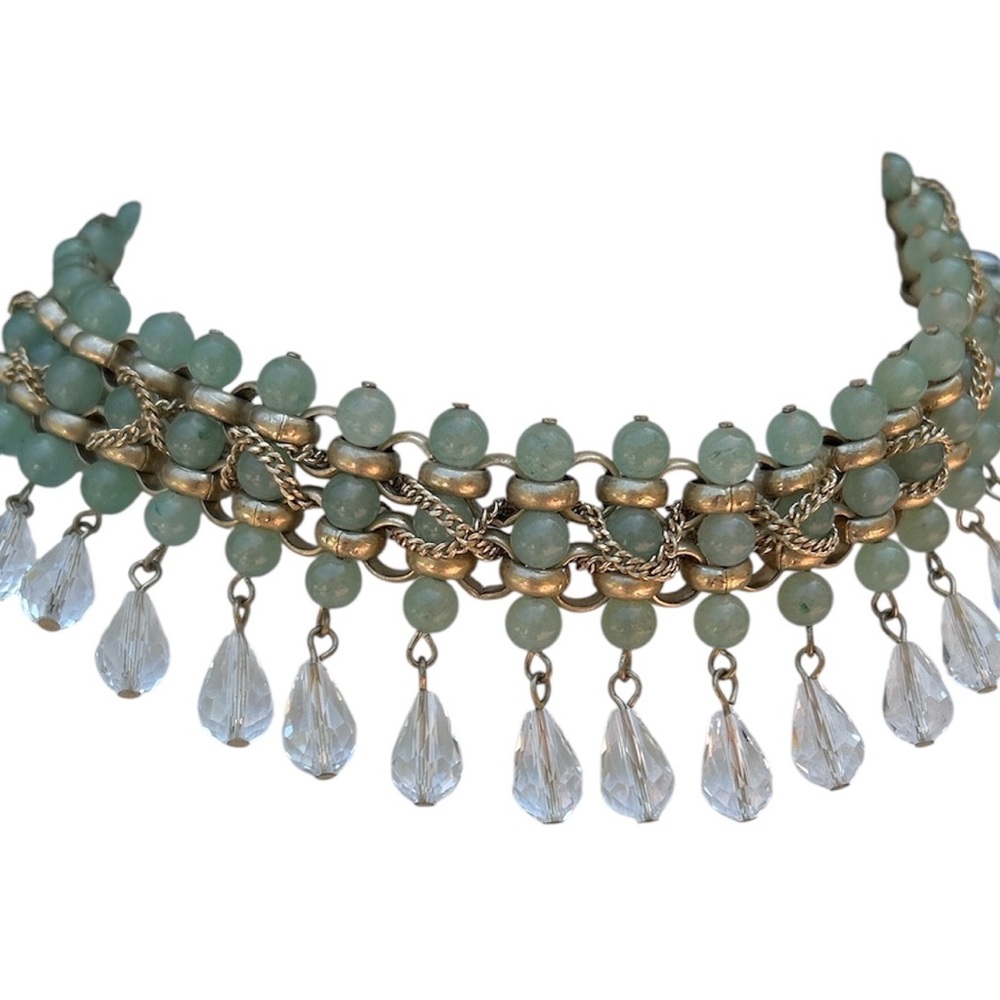 Vintage Statement Choker Necklace Faux Green Agate Celadon Gold-Toned Layered
